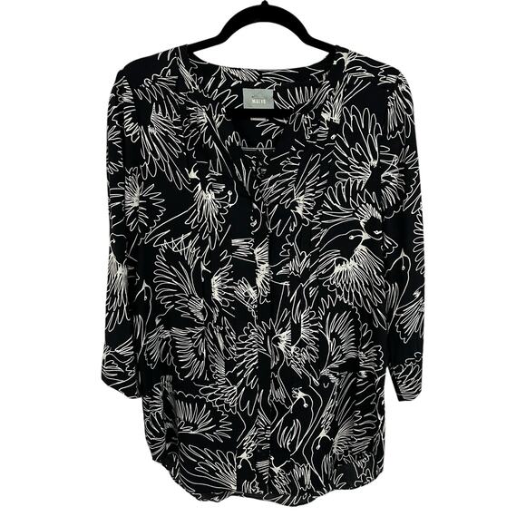 Maeve Anthropologie Black & White Bird Print V Neck Button Up Top Womens 4 - Picture 2 of 6